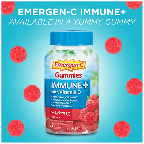 Emergen-C Immune+ Immune Gummies, Vitamin D plus 750 mg Vitamin C, Immune Support Dietary Supplement, Caffeine Free, Gluten Free, Raspberry Flavor - 45 Count | Free Shipping | Vitamenstore.com