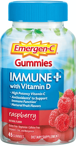 Emergen-C Immune+ Immune Gummies, Vitamin D plus 750 mg Vitamin C, Immune Support Dietary Supplement, Caffeine Free, Gluten Free, Raspberry Flavor - 45 Count | Free Shipping | Vitamenstore.com