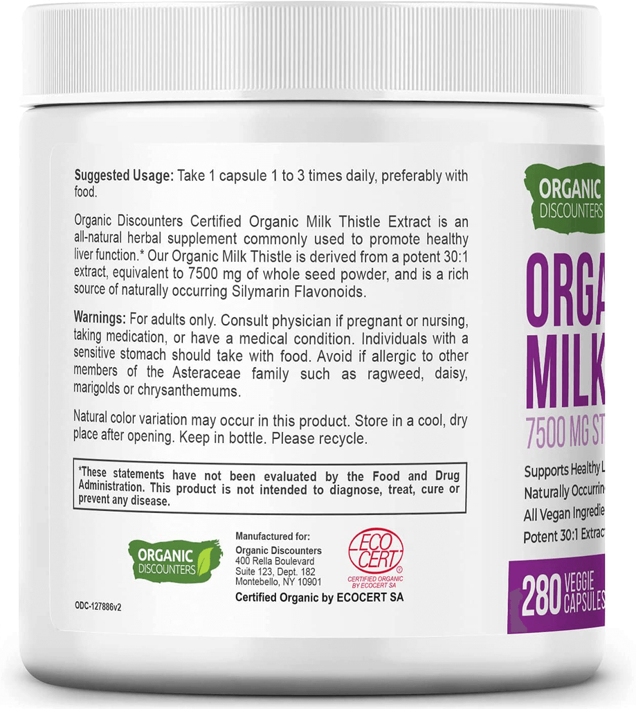 Organic Discounters USDA Organic Milk Thistle Extract Capsules, 280 Count, 7500 mg Strength, Potent 30:1 Extract, USDA Certified Organic, Rich in Silymarin Flavonoids, Vegan, Non-GMO and All-Natural - Vitamenstore.com