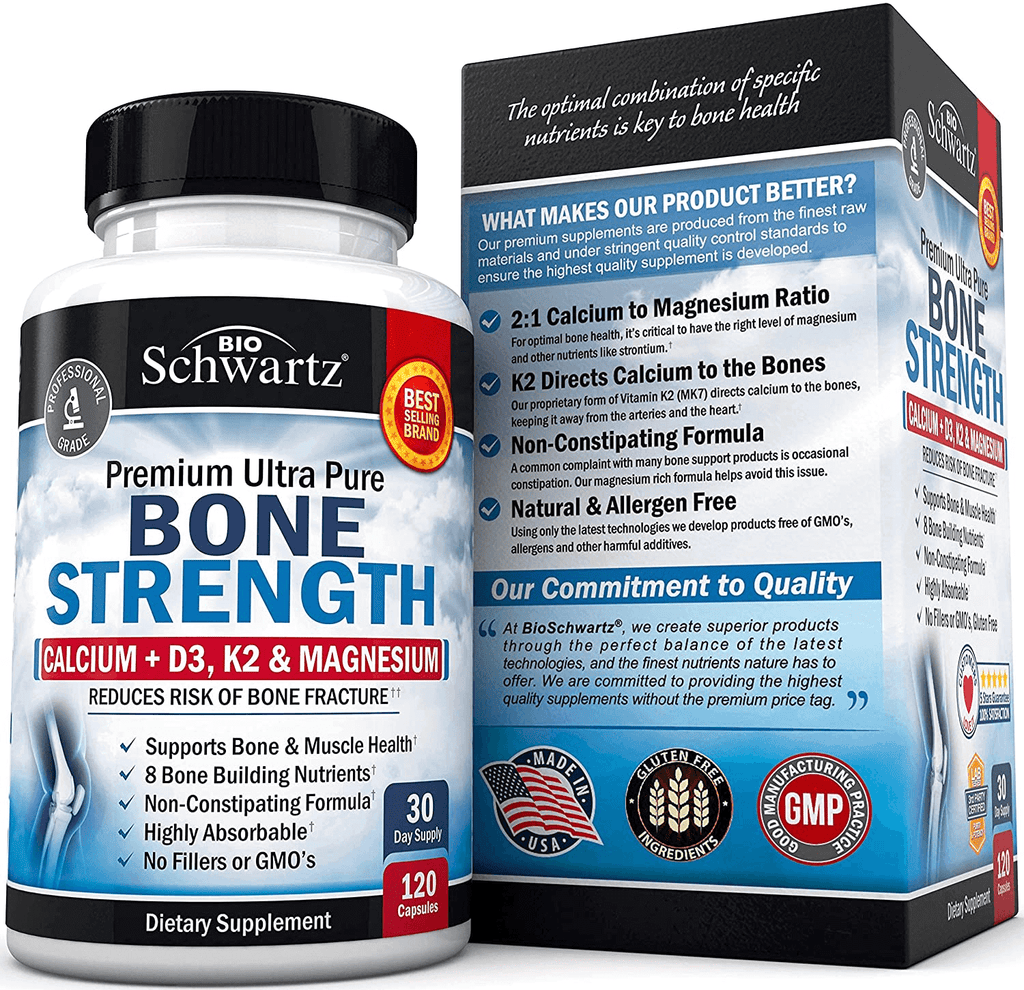 Bone Strength Supplement with Calcium + D3, K2 & Magnesium - Highly Absorbable Vitamin Blend for Bone & Muscle Support - Non-Constipating Formula - 8 Bone Building Nutrients - 120 Count