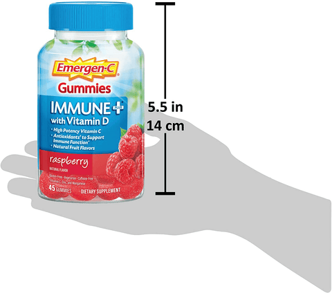 Emergen-C Immune+ Immune Gummies, Vitamin D plus 750 mg Vitamin C, Immune Support Dietary Supplement, Caffeine Free, Gluten Free, Raspberry Flavor - 45 Count | Free Shipping | Vitamenstore.com