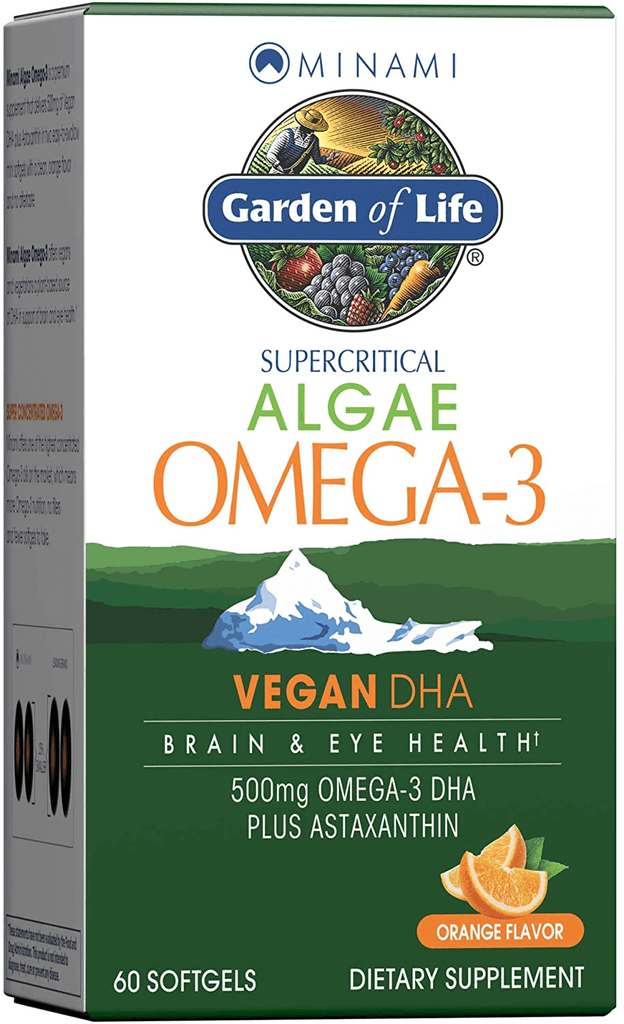 Garden of Life Minami Algae Omega 3 Vegan DHA for Brain and Eye Health - Orange Flavor, 500Mg Plant Based DHA Omega-3 Vegan Algae Oil plus Astaxanthin, No Aftertaste, 60 Easy-To-Swallow Mini Softgels