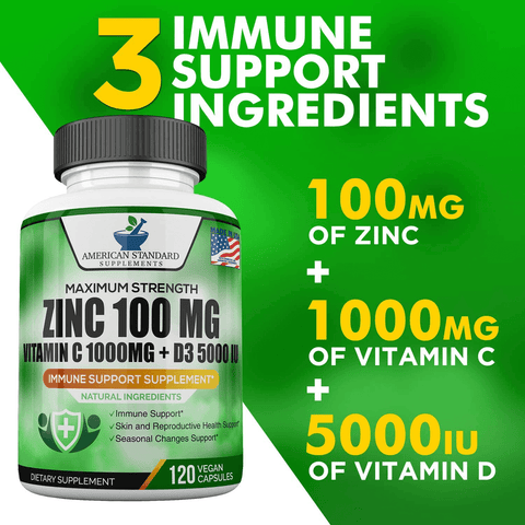 Zinc 100mg, Vitamin C 1000mg, Vitamin D 5000IU - Immune Support Supplement for Adults & Kids, Non-GMO, No Fillers, 120 Vegan Capsules, 60-Day Supply | Free Shipping | Vitamenstore.com