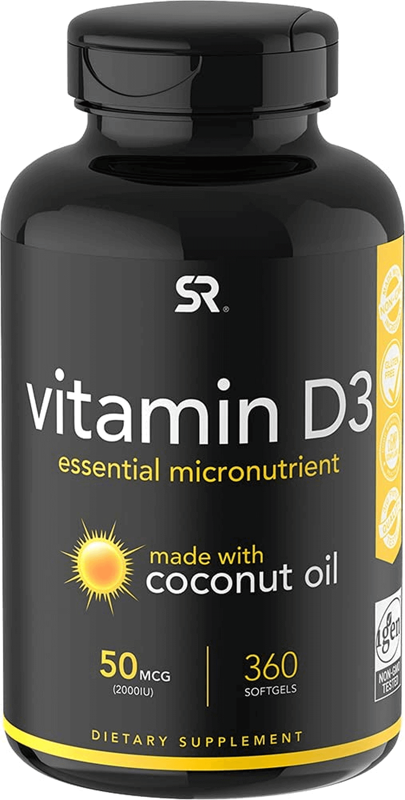 Sports Research 2000 Iu Vitamin D3 Supplement with Organic Coconut Oil - Vitamin D for Strong Bones & Immune Health - Supports Calcium Absorption - Non-Gmo - 50Mcg, 360 Mini Softgels for Adults - vitamenstore.com