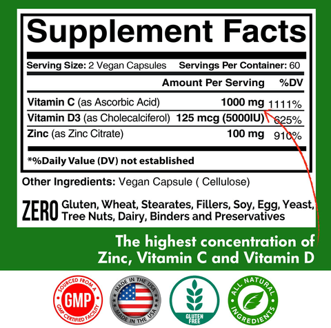 Zinc 100mg, Vitamin C 1000mg, Vitamin D 5000IU - Immune Support Supplement for Adults & Kids, Non-GMO, No Fillers, 120 Vegan Capsules, 60-Day Supply | Free Shipping | Vitamenstore.com