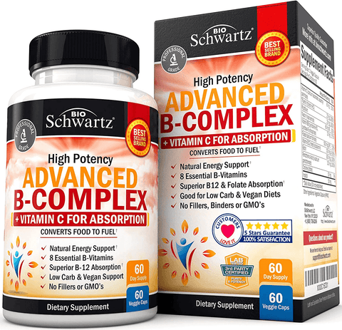 Vitamin B Complex with Vitamin C for Maximum Absorption - Methylcobalamin B12 & Folate Folic Acid Supplement - Vitamins B1 B2 B3 B5 B6 B7 B9 for Immune Energy & Nervous System Support - Non-Gmo -60Ct | Free Shipping | Vitamenstore.com