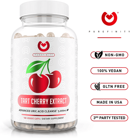 Purefinity Tart Cherry Capsules - Max Strength 3000mg | 6 Month Supply - Advanced Uric Acid Cleanse, Powerful Antioixidant w/ Joint Support - 180 Vegetable Capules. | Free Shipping | Vitamenstore.com