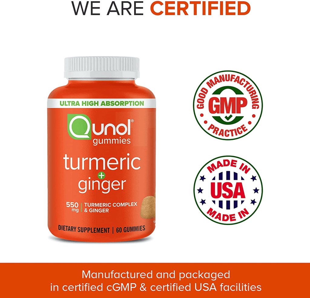 Turmeric and Ginger Gummies, Qunol Gummy with 500Mg Turmeric + 50Mg Ginger, Joint Support Supplement, Vegan, Gluten Free, Ultra High Absorption (60 Count, Pack of 1), Packaging May Vary
