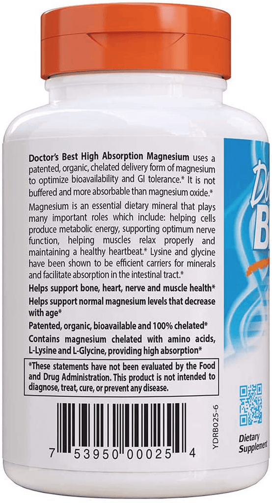Doctor's Best High Absorption Magnesium Glycinate Lysinate, 100% Chelated, TRACCS, Not Buffered, Headaches, Sleep, Energy, Leg Cramps, Non-GMO, Vegan, Gluten Free, Soy Free, 100 mg, 120 Tablets - Vitamenstore.com - Vitamenstore.com