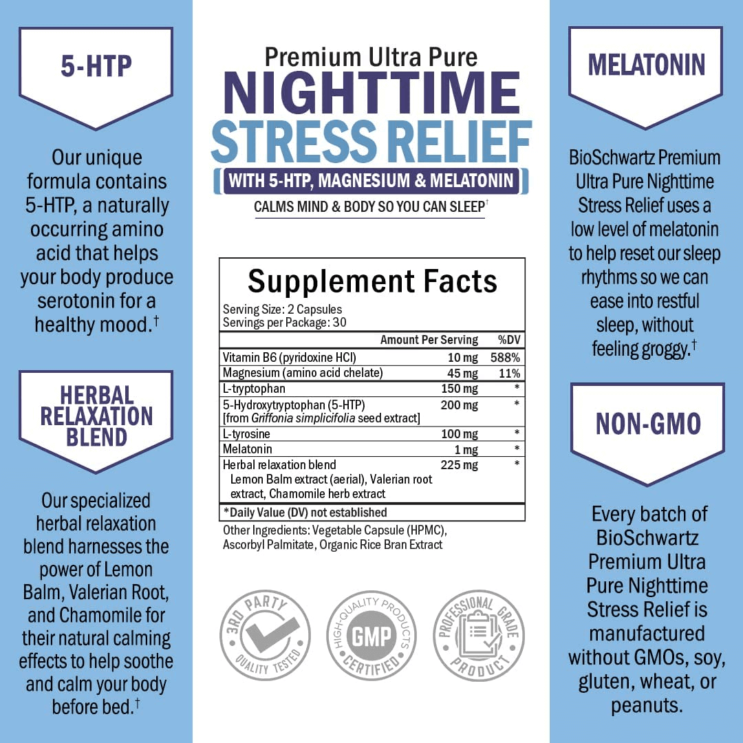 Bioschwartz Nighttime Rest Relief Supplement - Natural Nighttime Supplement with Melatonin 5-HTP Magnesium Valerian Root & Lemon Balm to Soothe & Calm - Wake Refreshed & Alert - 60 Capsules - vitamenstore.com