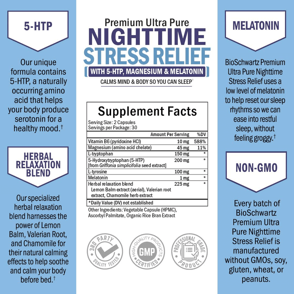 Bioschwartz Nighttime Rest Relief Supplement - Natural Nighttime Supplement with Melatonin 5-HTP Magnesium Valerian Root & Lemon Balm to Soothe & Calm - Wake Refreshed & Alert - 60 Capsules