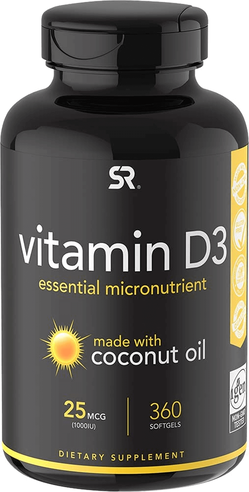 Sports Research 1000 Iu Vitamin D3 Supplement with Organic Coconut Oil - Vitamin D for Strong Bones & Immune Health - Supports Calcium Absorption - Non-Gmo - 25Mcg, 360 Mini Softgels for Adults - vitamenstore.com