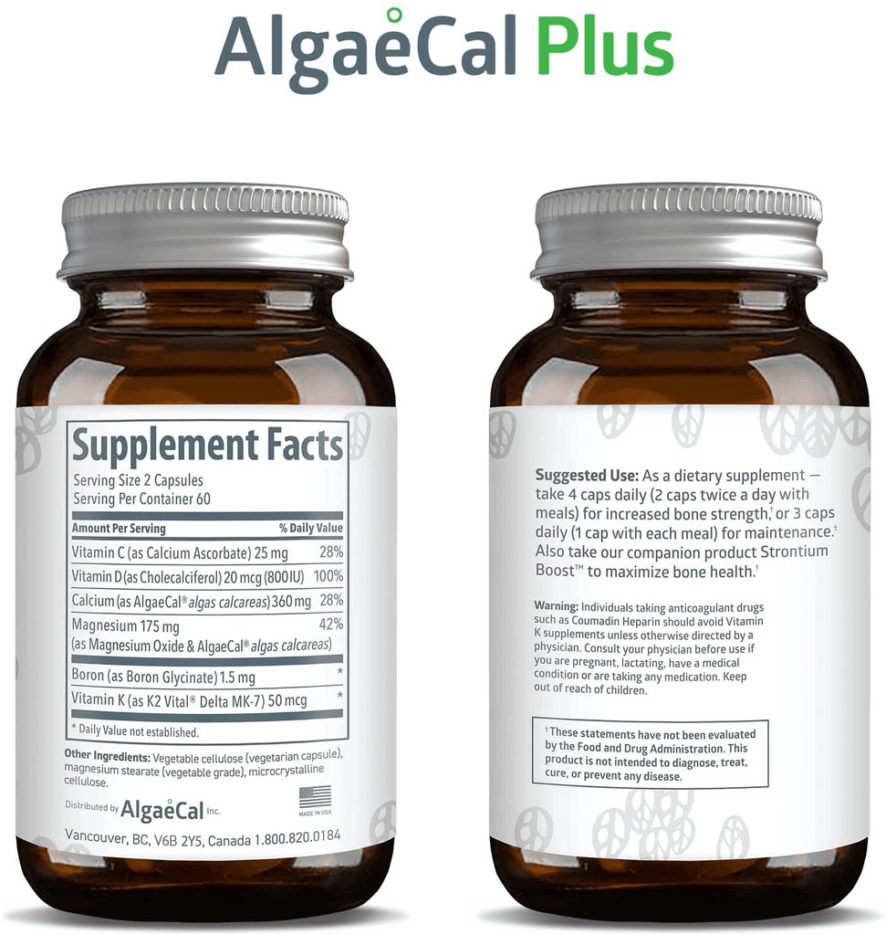 Algaecal Plus, Natural Calcium Supplement, Derived from Ocean Algae, Includes Magnesium & Boron, with Vitamins C, D, K2, Plant-Based Multivitamin to Build Strong Bones (3 Pack)