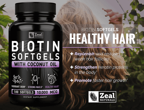 Biotin with Coconut Oil for Hair 10000mcg (180 Softgels) Biotin Supplement - Biotin Pills for Hair Skin and Nails Vitamins for Women Biotin Capsules for Men Hair Growth 6 mo Supply | Free Shipping | Vitamenstore.com