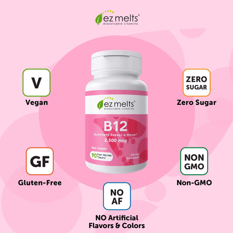 EZ Melts B12 as Methylcobalamin, 2,500 mcg, Sublingual Vitamins, Vegan, Zero Sugar, Natural Cherry Flavor, 90 Fast Dissolve Tablets | Free Shipping | Vitamenstore.com