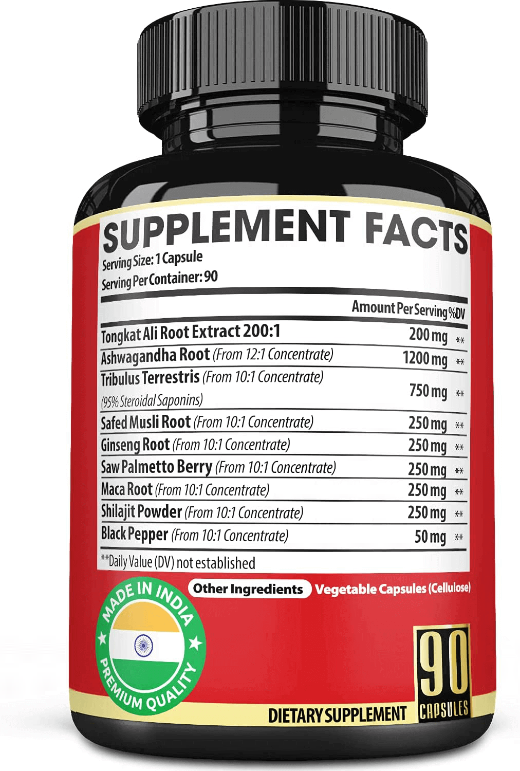 Natural Tongkat Ali Root Extract 200:1 - 9 Essential Herbs Equivalent to 3450mg - Support Strength, Energy and Healthy Immune - 1 Pack 90 Vegan Caps 3 Month Supply - vitamenstore.com