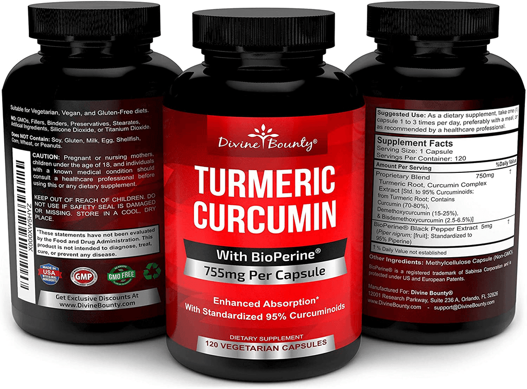 Turmeric Curcumin with BioPerine Black Pepper Extract - 750mg per Capsule, 120 Veg. Capsules - GMO Free Tumeric, Standardized to 95% Curcuminoids for Maximum Potency - Vitamenstore.com