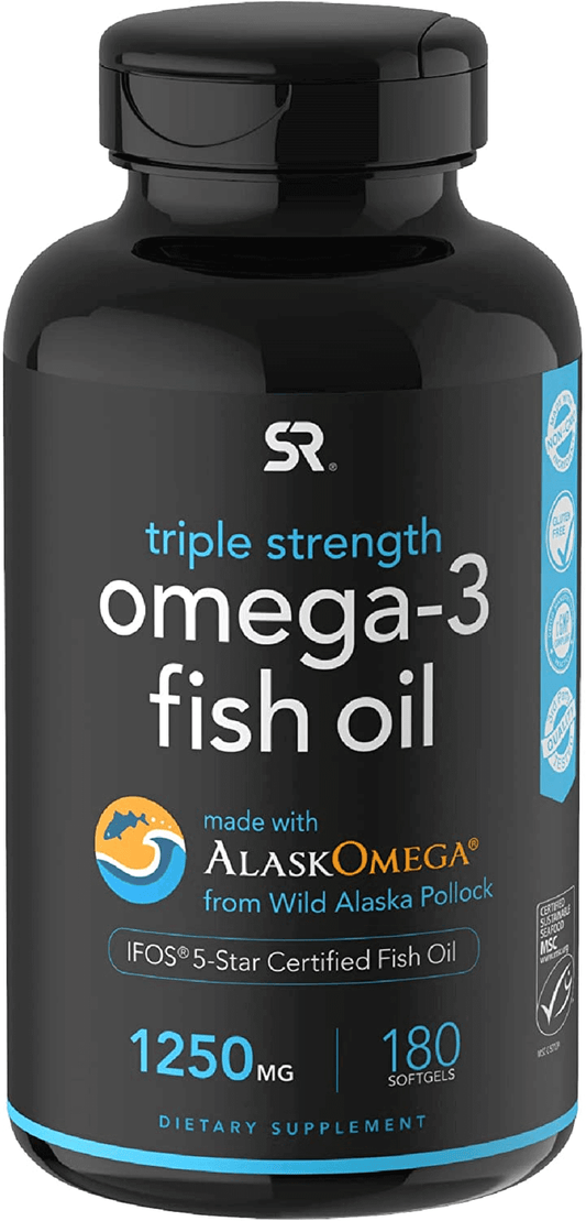 Sports Research Triple Strength Omega 3 Fish Oil Supplement - EPA & DHA Fatty Acids from Wild Alaskan Pollock - Heart, Brain & Immune Support for Adults, Men & Women - 1250 Mg Capsules (180 Ct) - vitamenstore.com