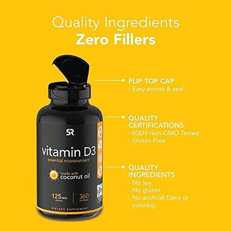 Sports Research 5000 Iu Vitamin D3 Supplement with Organic Coconut Oil - Vitamin D for Strong Bones & Immune Health - Supports Calcium Absorption - Non-Gmo - 125Mcg, 360 Mini Softgels for Adults