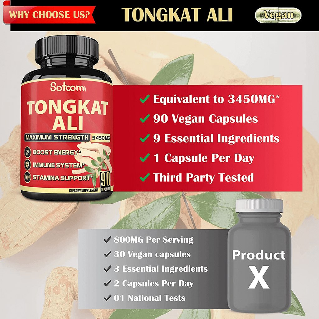 Natural Tongkat Ali Root Extract 200:1 - 9 Essential Herbs Equivalent to 3450mg - Support Strength, Energy and Healthy Immune - 1 Pack 90 Vegan Caps 3 Month Supply