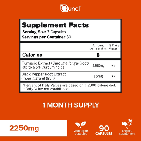 Turmeric Curcumin with Black Pepper, Qunol 2250Mg Turmeric Extract with 95% Curcuminoids, Extra Strength Supplement, Enhanced Absorption, Supports Healthy Inflammation Response, 90 Vegetarian Capsules | Free Shipping | Vitamenstore.com