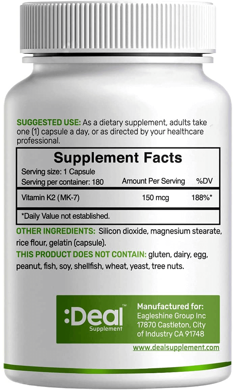 Eagleshine Vitamins Vitamin K2 MK-7 Menaquinone 150 mcg, 6 Months Supply, Supports Bone Health | Cardiovascular Health - Advanced Vitamin K2 Supplement (180 Capsules) - vitamenstore.com