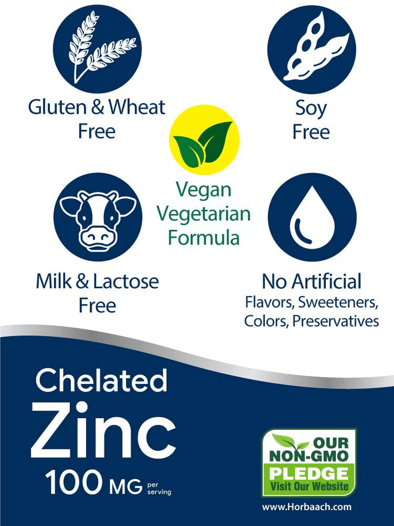 Chelated Zinc Supplement 100mg | 250 Tablets | High Potency & Superior Absorption | Vegetarian, Non-GMO, Gluten Free | by Horbaach - Vitamenstore.com - Vitamenstore.com