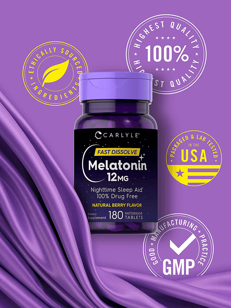 Carlyle Melatonin 12 mg Fast Dissolve 180 Tablets | Nighttime Sleep Aid | Natural Berry Flavor | Vegetarian, Non-GMO, Gluten Free - Vitamenstore.com - Vitamenstore.com