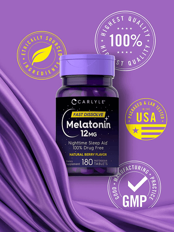 Carlyle Melatonin 12 mg Fast Dissolve 180 Tablets | Nighttime Sleep Aid | Natural Berry Flavor | Vegetarian, Non-GMO, Gluten Free | Free Shipping | Vitamenstore.com