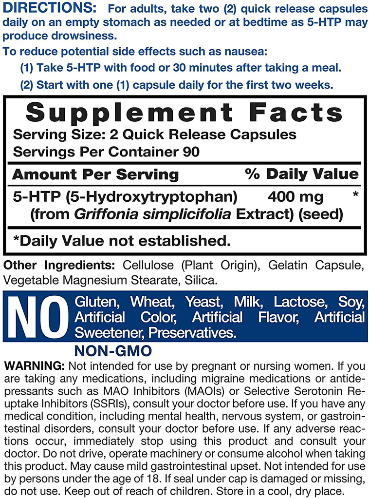5HTP Supplement | 400mg 180 Capsules | 5-HTP Extra Strength| Non-GMO, Gluten Free | 5 Hydroxytryptophan | by Horbaach - Vitamenstore.com - Vitamenstore.com