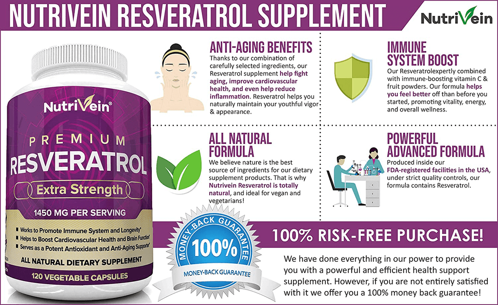 Nutrivein Resveratrol 1450mg - Antioxidant Supplement 120 Capsules – Supports Healthy Aging and Promotes Immune, Blood Sugar and Joint Support - Made with Trans-Resveratrol, Green Tea Leaf, Acai Berry - Vitamenstore.com