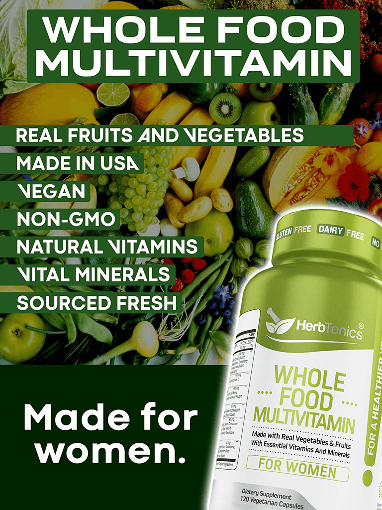 Whole Food Multivitamin for Women with 62 Superfoods, Raw Veggies, Fruits, Probiotic Digestive Enzymes, Vitamin E, A, B Complex, Ginkgo Bilboba, Ceylon Cinnamon, Turmeric, 120 Count