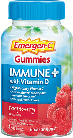 Emergen-C Immune+ Immune Gummies, Vitamin D plus 750 mg Vitamin C, Immune Support Dietary Supplement, Caffeine Free, Gluten Free, Raspberry Flavor - 45 Count | Free Shipping | Vitamenstore.com