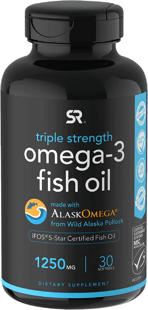 Sports Research Triple Strength Omega 3 Fish Oil Supplement - EPA & DHA Fatty Acids from Wild Alaskan Pollock - Heart, Brain & Immune Support for Adults, Men & Women - 1250 Mg Capsules (30 Ct)
