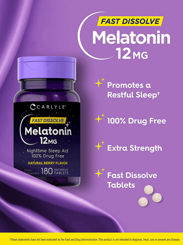 Carlyle Melatonin 12 mg Fast Dissolve 180 Tablets | Nighttime Sleep Aid | Natural Berry Flavor | Vegetarian, Non-GMO, Gluten Free | Free Shipping | Vitamenstore.com