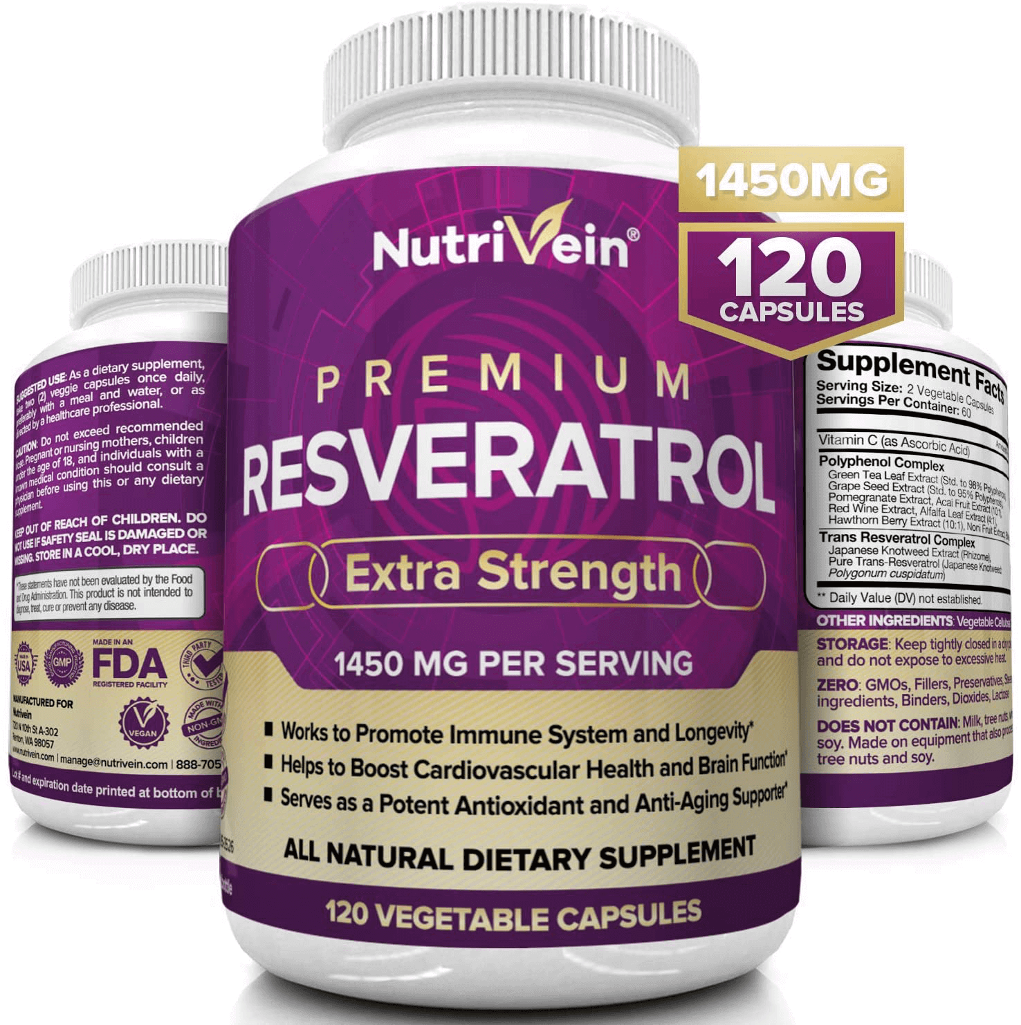 Nutrivein Resveratrol 1450mg - Antioxidant Supplement 120 Capsules ...