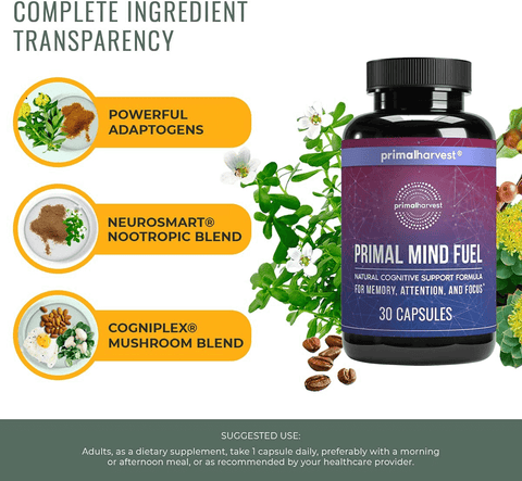 Brain Supplement by Primal Harvest - Primal Mind Fuel Brain Booster for Focus, Energy, Clarity, Memory Brain Health - Focus Supplement for Men and Woman 30 Capsules Nootropics Brain Support Supplement | Free Shipping | Vitamenstore.com