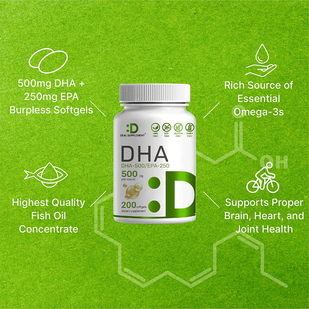 DHA Supplements - DHA 500Mg, EPA 250Mg, 200 Softgels, Burpless | Omega-3S 1000Mg, Support Brain Health - Premium DHA EPA Omega 3 Supplement