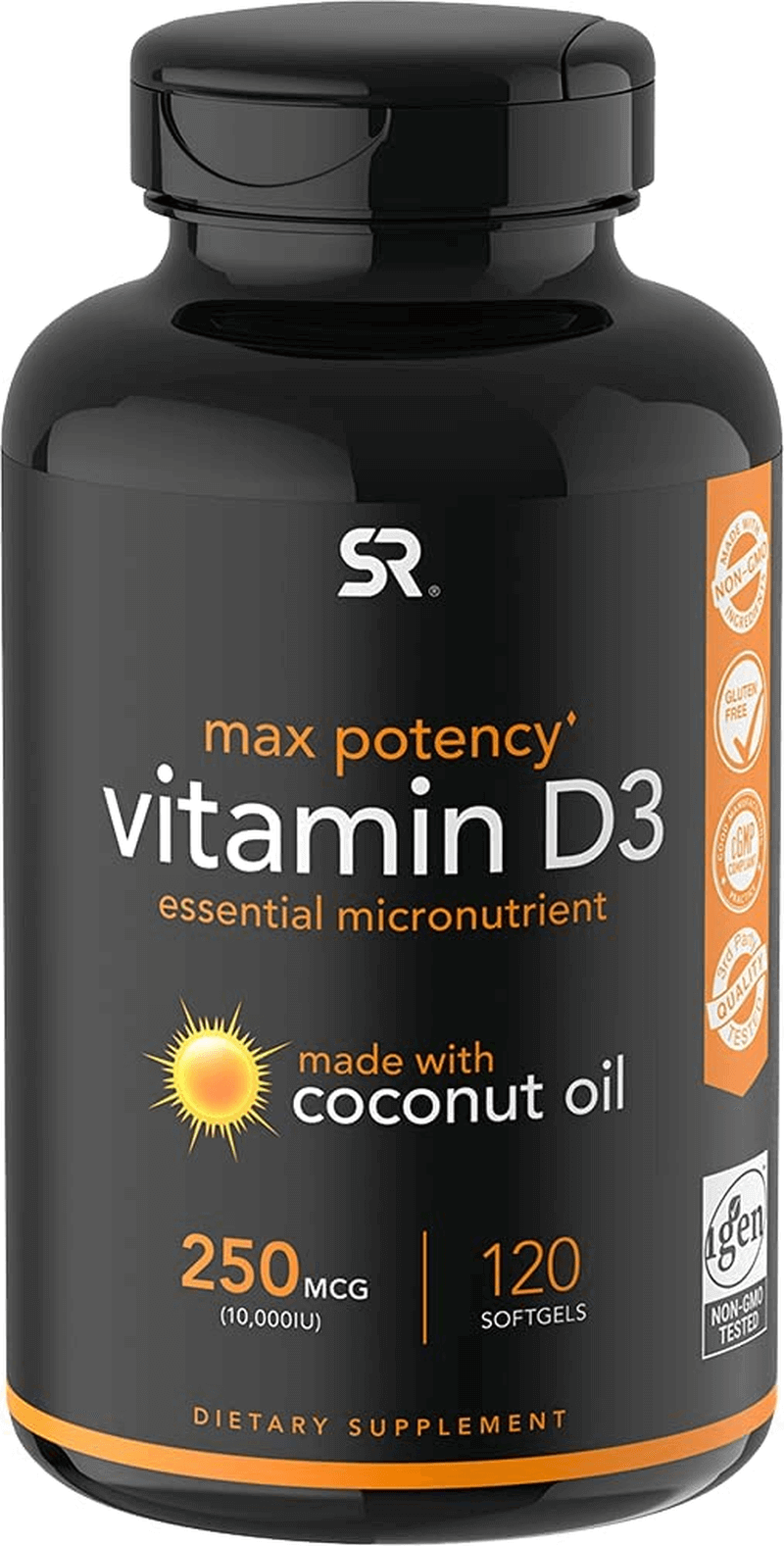 Sports Research 10,000 Iu Vitamin D3 Supplement with Organic Coconut Oil - Vitamin D for Strong Bones & Immune Health - Supports Calcium Absorption - Non-Gmo - 250Mcg, 120 Mini Softgels for Adults - vitamenstore.com