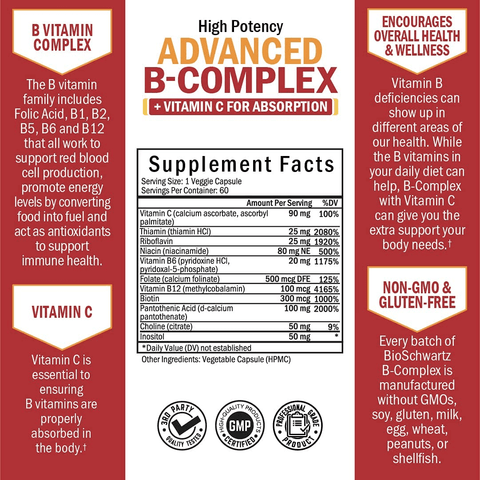 Vitamin B Complex with Vitamin C for Maximum Absorption - Methylcobalamin B12 & Folate Folic Acid Supplement - Vitamins B1 B2 B3 B5 B6 B7 B9 for Immune Energy & Nervous System Support - Non-Gmo -60Ct | Free Shipping | Vitamenstore.com