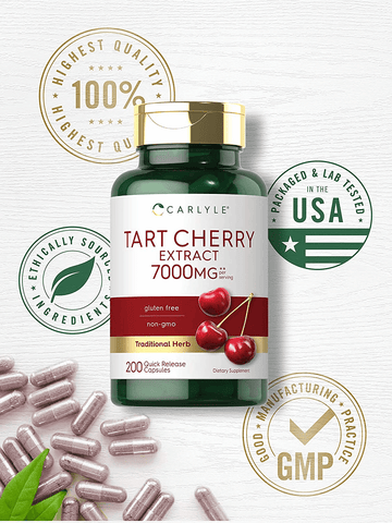 Tart Cherry Capsules | 7000 mg | 200 Pills | Max Potency | Non-GMO, Gluten Free | Tart Cherry Juice Extract | by Carlyle | Free Shipping | Vitamenstore.com