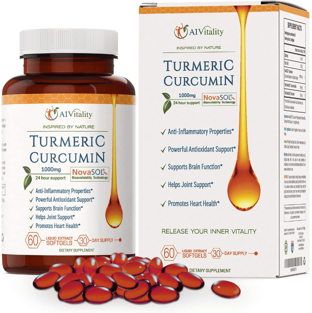 A1 Vitality Turmeric Curcumin Novasol Supplements 1000Mg More Potent than Bioperine - Inflammation, Joint Pain Relief - 185X Bioavailable than Turmeric Black Pepper Capsules – Best Natural Softgels
