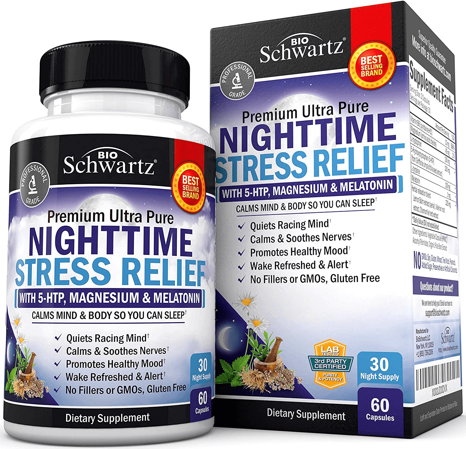 Bioschwartz Nighttime Rest Relief Supplement - Natural Nighttime Supplement with Melatonin 5-HTP Magnesium Valerian Root & Lemon Balm to Soothe & Calm - Wake Refreshed & Alert - 60 Capsules - vitamenstore.com