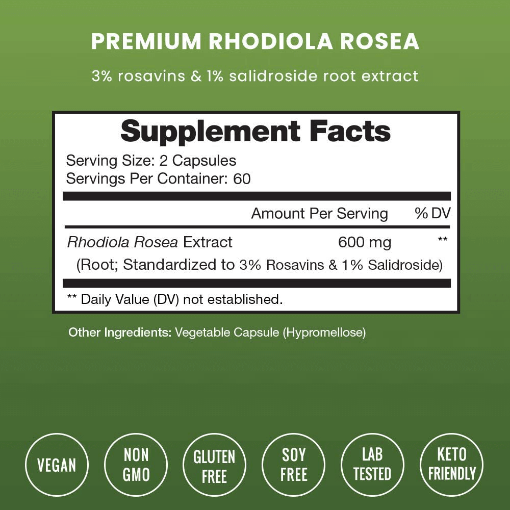 Rhodiola Rosea Supplement 600mg - 120 Capsules Siberian Root Extract 3% Rosavins & 1% Salidroside - Pure Maximum Strength Powder - 300mg Vegan Pills for Stress Relief, Mood, Focus & Energy - Vitamenstore.com