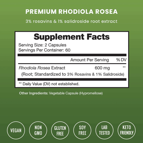 Rhodiola Rosea Supplement 600mg - 120 Capsules Siberian Root Extract 3% Rosavins & 1% Salidroside - Pure Maximum Strength Powder - 300mg Vegan Pills for Stress Relief, Mood, Focus & Energy | Free Shipping | Vitamenstore.com