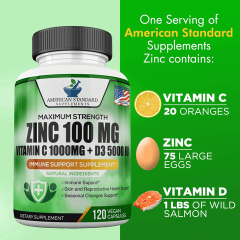 Zinc 100mg, Vitamin C 1000mg, Vitamin D 5000IU - Immune Support Supplement for Adults & Kids, Non-GMO, No Fillers, 120 Vegan Capsules, 60-Day Supply | Free Shipping | Vitamenstore.com