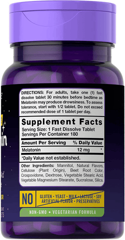 Carlyle Melatonin 12 mg Fast Dissolve 180 Tablets | Nighttime Sleep Aid | Natural Berry Flavor | Vegetarian, Non-GMO, Gluten Free | Free Shipping | Vitamenstore.com