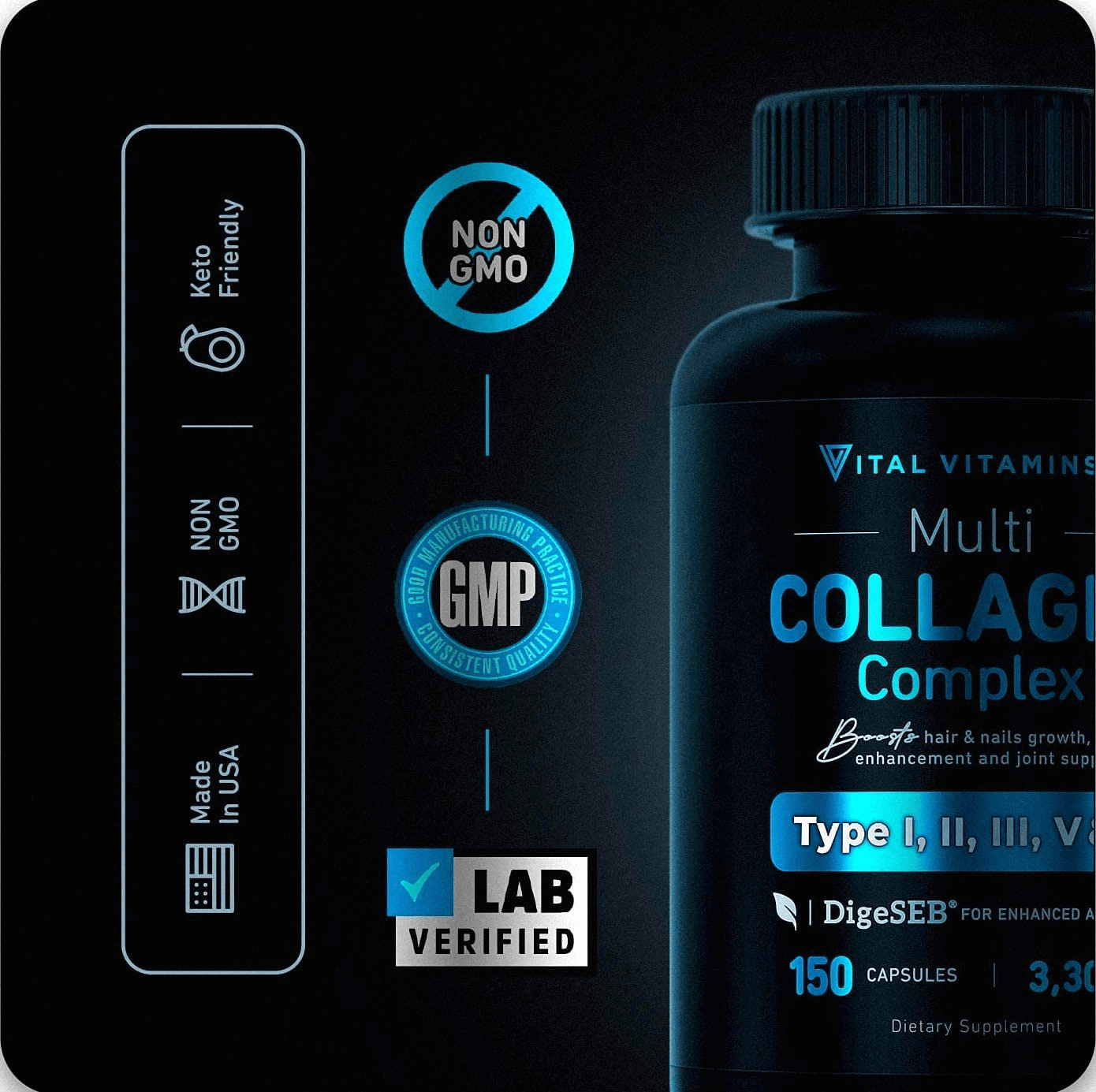 Vital Vitamins Multi Collagen Complex (2 Pack) - Type I, II, III, V, X, Grass Fed, Non-Gmo, 300 Capsules - vitamenstore.com