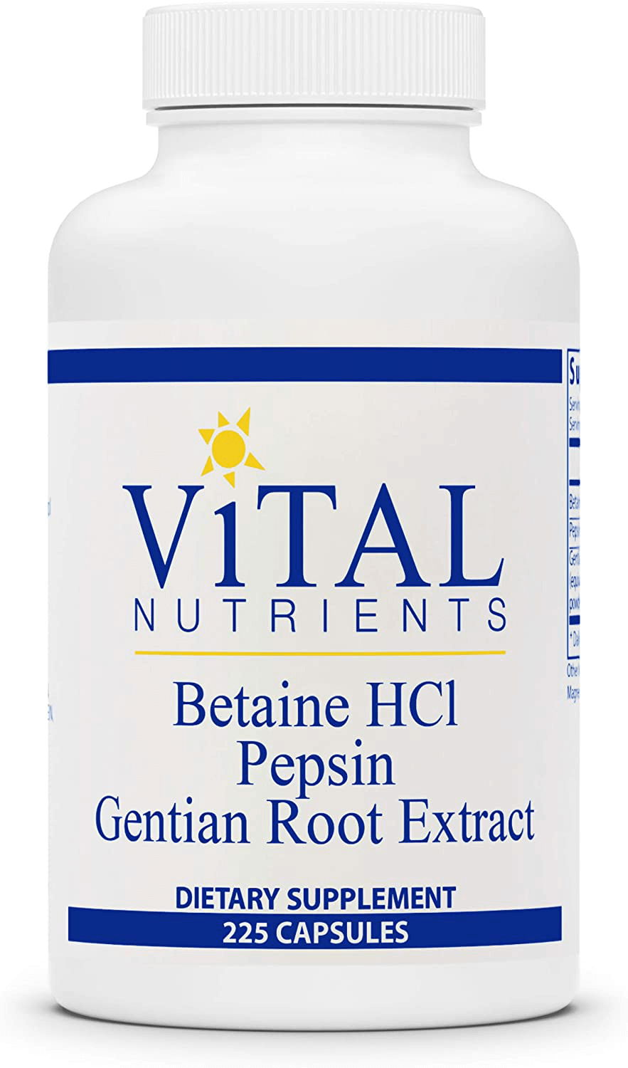 Vital Nutrients - Betaine HCL Pepsin and Gentian Root Extract - Powerful Digestive Support for the Stomach - Gluten Free - 225 Capsules per Bottle - vitamenstore.com