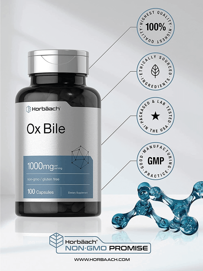 Ox Bile 1000 Mg 100 Capsules | Digestive Enzymes Supplement | Non-Gmo & Gluten Free | by Horbaach